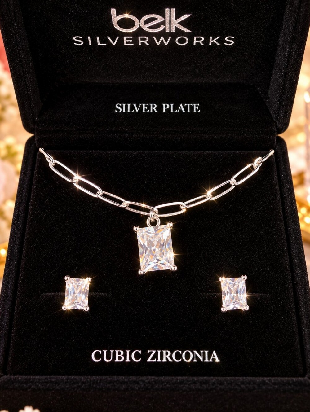 Belk Silverworks CZ Pendant Necklace & Stud Earrings Set NWT